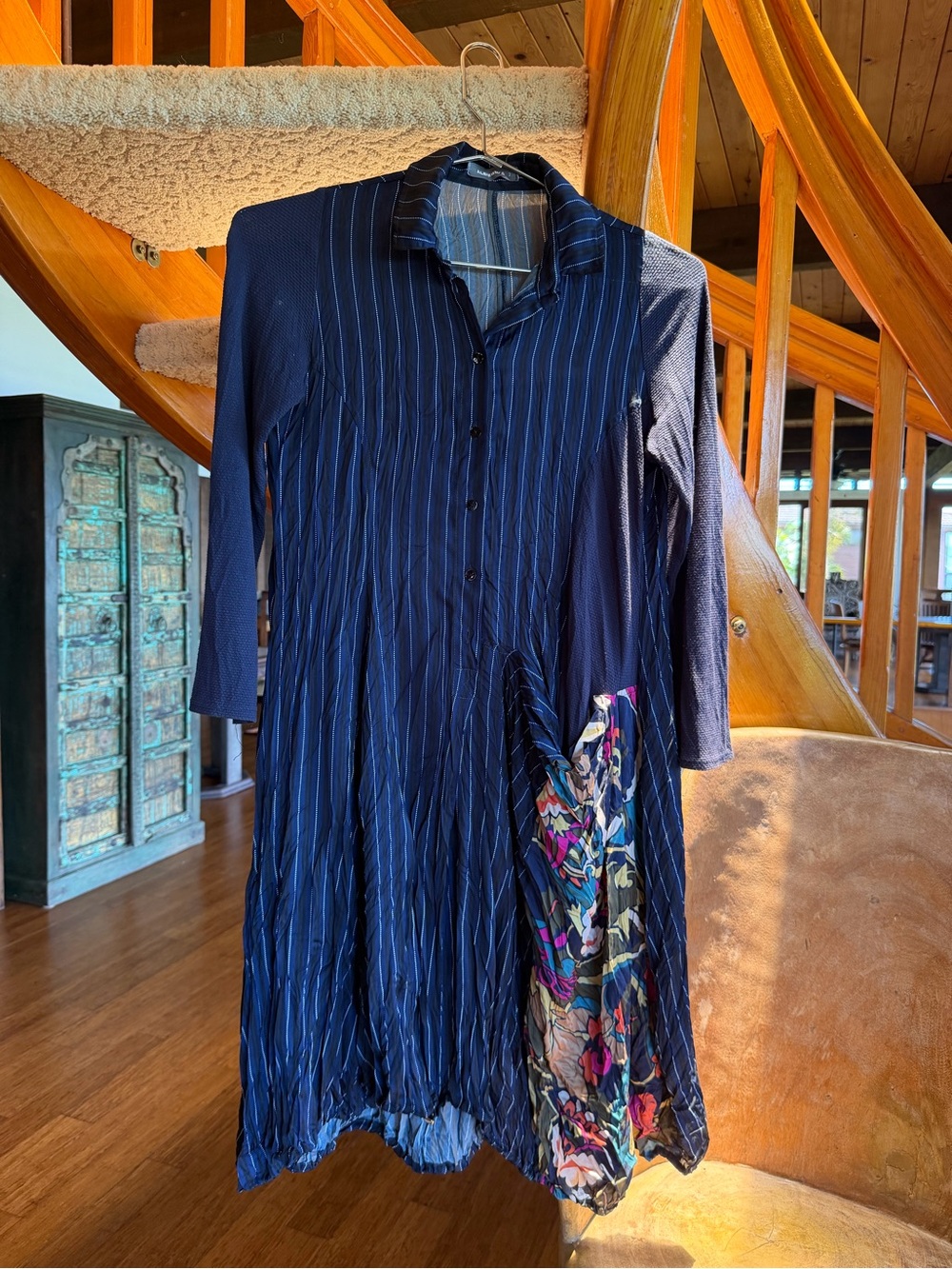 ALEMBIKA bubble hem striped button down shirt dress front pocket pop of color 2